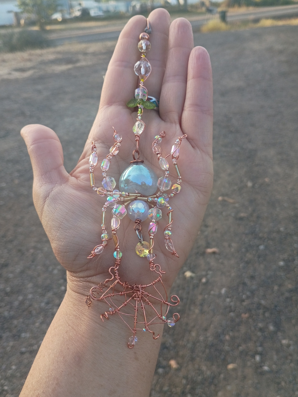 Iridescent Spider Suncatcher / Ornament In Pink & Copper